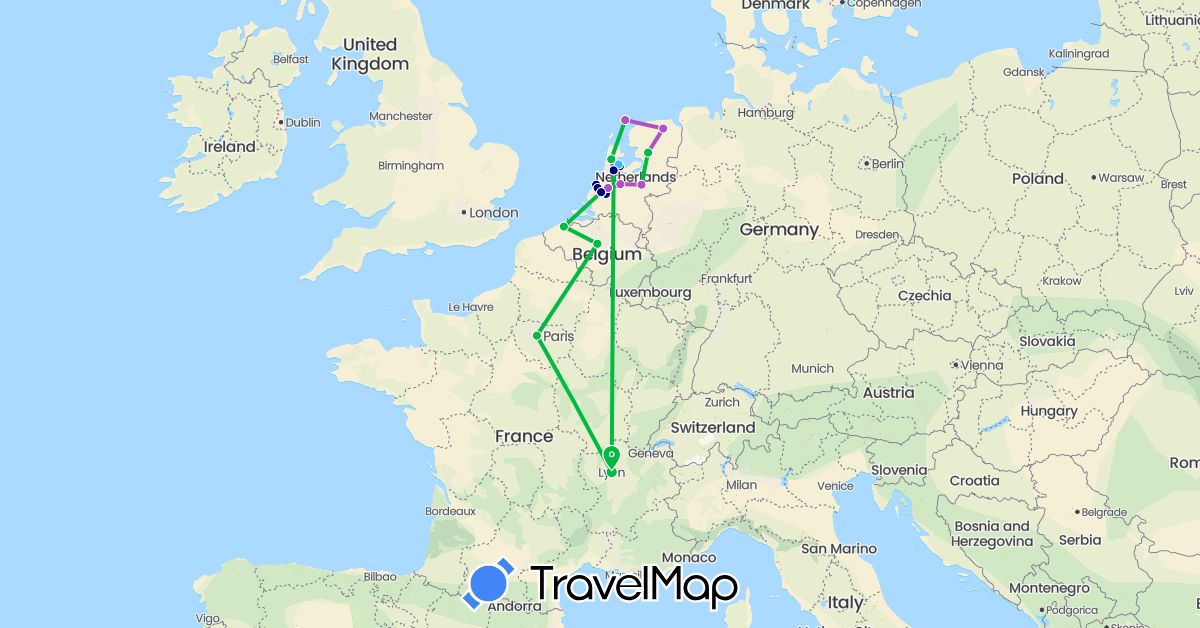 TravelMap itinerary: driving, bus, train, boat in Belgium, France, Netherlands (Europe)